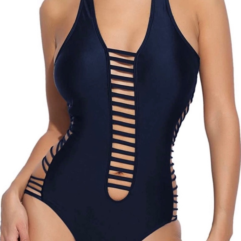 Womens Bandage Blue Halter One-Piece Swimsuit